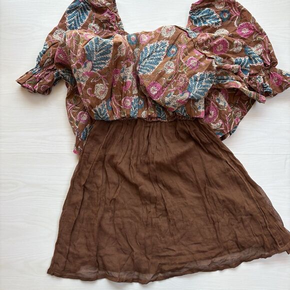 PERRY WALKER Grace Floral Print Smocked Dress O/S Brown Green Pink Smocked Boho - Picture 10 of 15